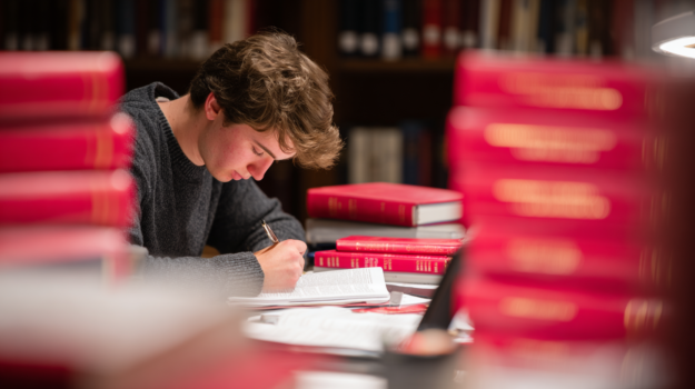 Etudiant qui révise à la bibliothèque avec les codes Dalloz